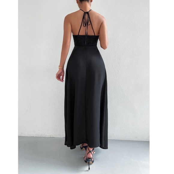 Black Elegant Maxi Dress Lace Halter Neckline Tie Back Backless Flared Long - Picture 3 of 10